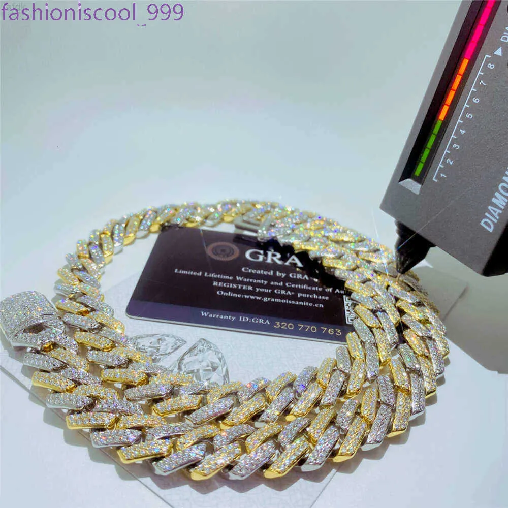 Custom Gold Plated Two Tone Miami Link 14mm 2 Row Vvs Moissanite Cuban Chain Bracelet Pass Diamond Test Men Necklace_voghion.com