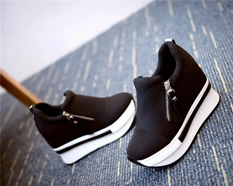 Pantofi sport dama cu platformă, roșii, casual, confortabili, din pânză neagră, cu toc înalt, Tenis Atos Mujer 241122_voghion.com