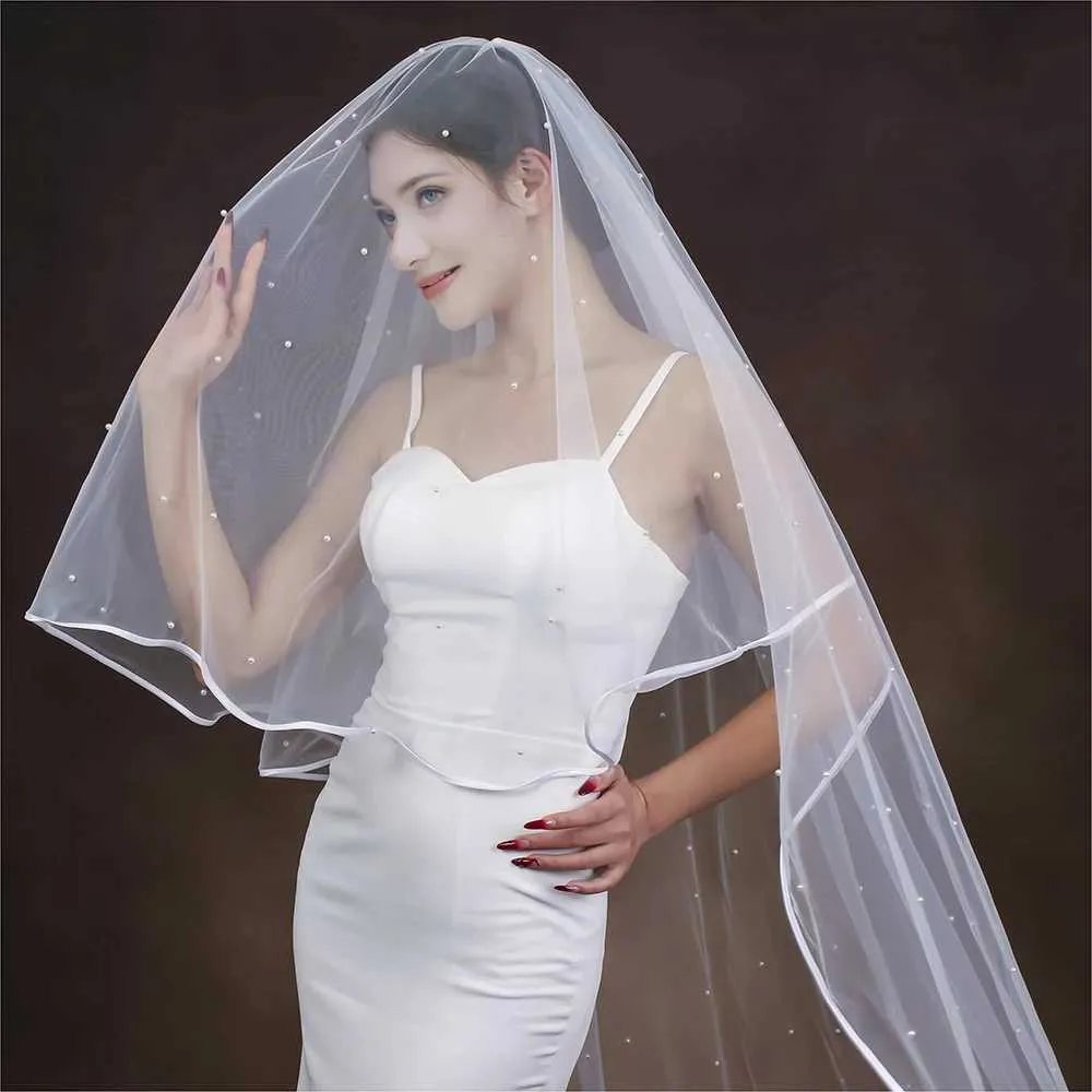 Haarschmuck Perlen Perlen Braut 2 Tier Lange Kathedrale Schleier Band Rand Mit Kamm Drop Stil Brautkleider_voghion.com