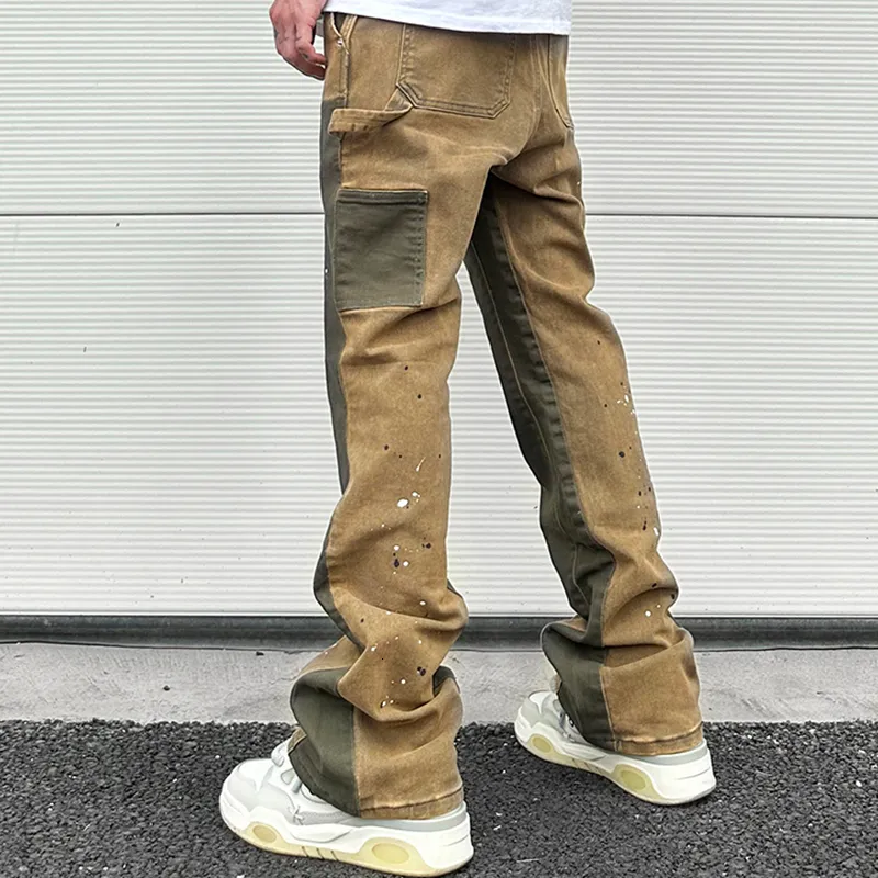Pantalon cargo ample en denim micro-élastique délavé peint à l'encre pour homme, style patchwork Y2K, surdimensionné et décontracté_voghion.com