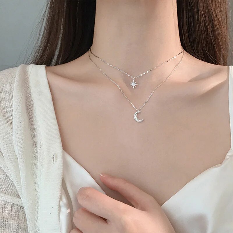 Colier elegant cu lună, stele strălucitoare, pandantiv stratificat, cu cerc, pentru petrecere de ziua de naștere, bijuterii la modă pentru femei_voghion.com