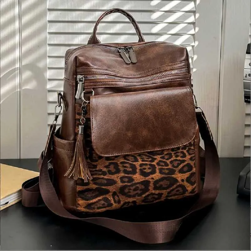 Sacs à dos de voyage en cuir vintage léopard pour femmes, nouvelle mode, grande capacité, sacs à bandoulière, fourre-tout, sac d'école, bandoulière_voghion.com
