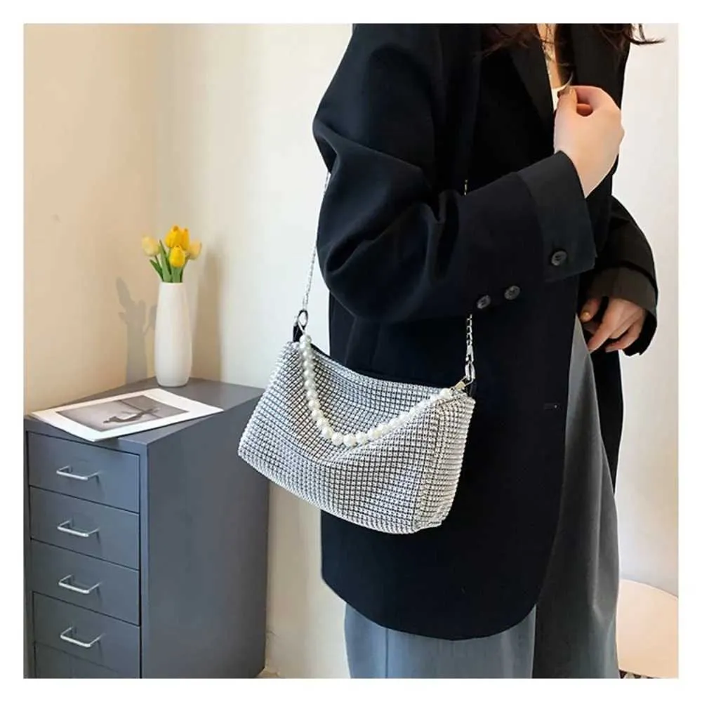 Sac messager à fermeture éclair en métal avec poignée en perles, grande capacité, sac à bandoulière décoratif à diamants brillants pour lui/voyage Y241026_voghion.com