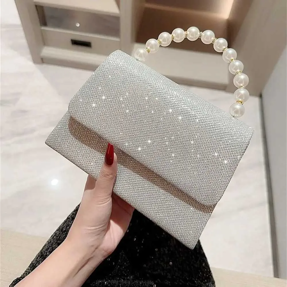 Pearl chain shoulder wallet gold shiny silk evening bag elegant and fashionable spherical clutch womens handbag Y241019_voghion.com