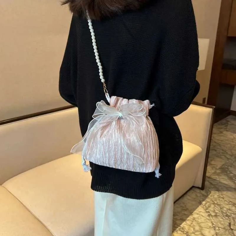 Spitze Schleife Satin Eimer Frauen Mode süße Perle Kette Schulter Umhängetasche Kordelzug Handtasche Party Kupplung_voghion.com