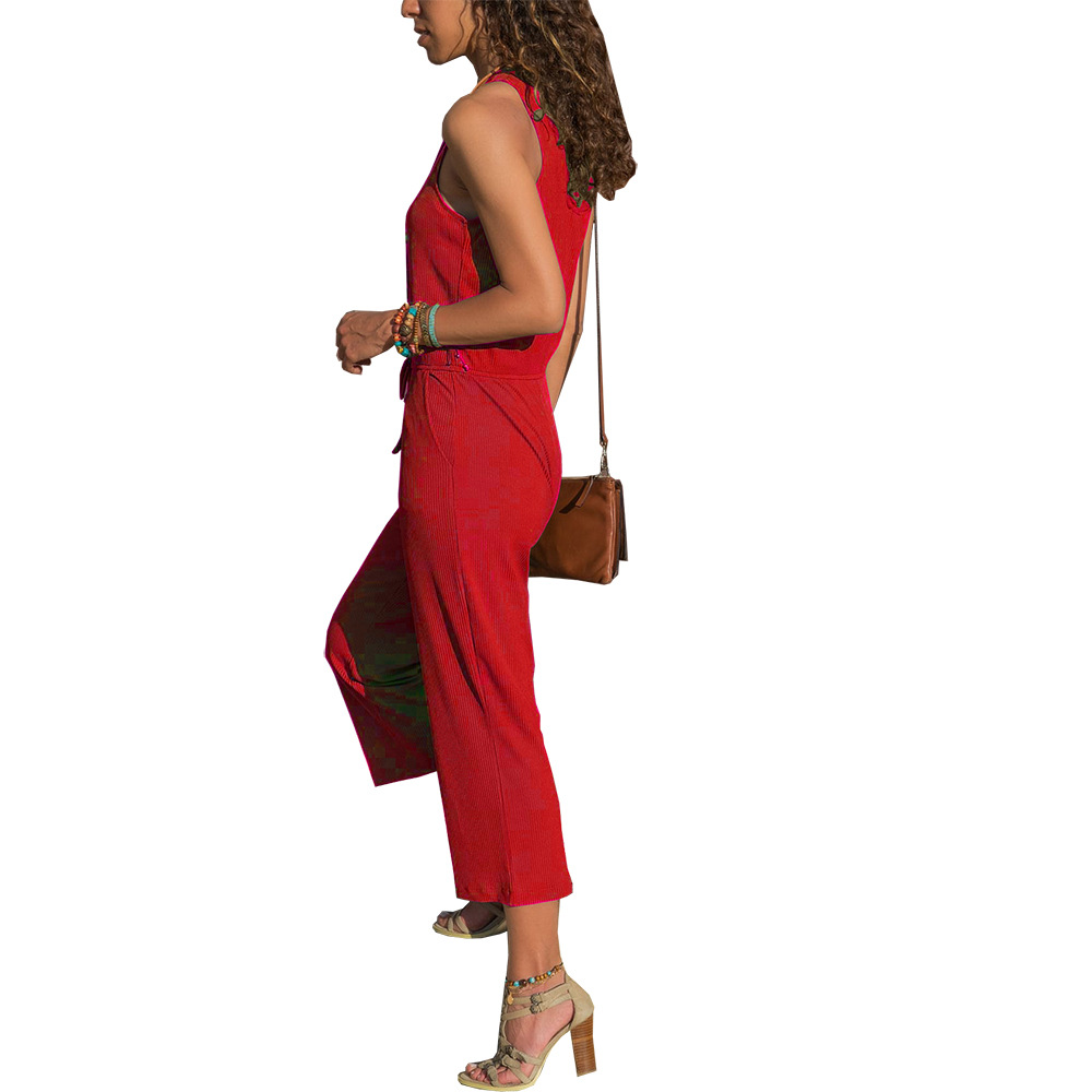 Damen Rundhals ärmellose Pit Stripe Neun-Punkt-Overall Coole Hose_voghion.com
