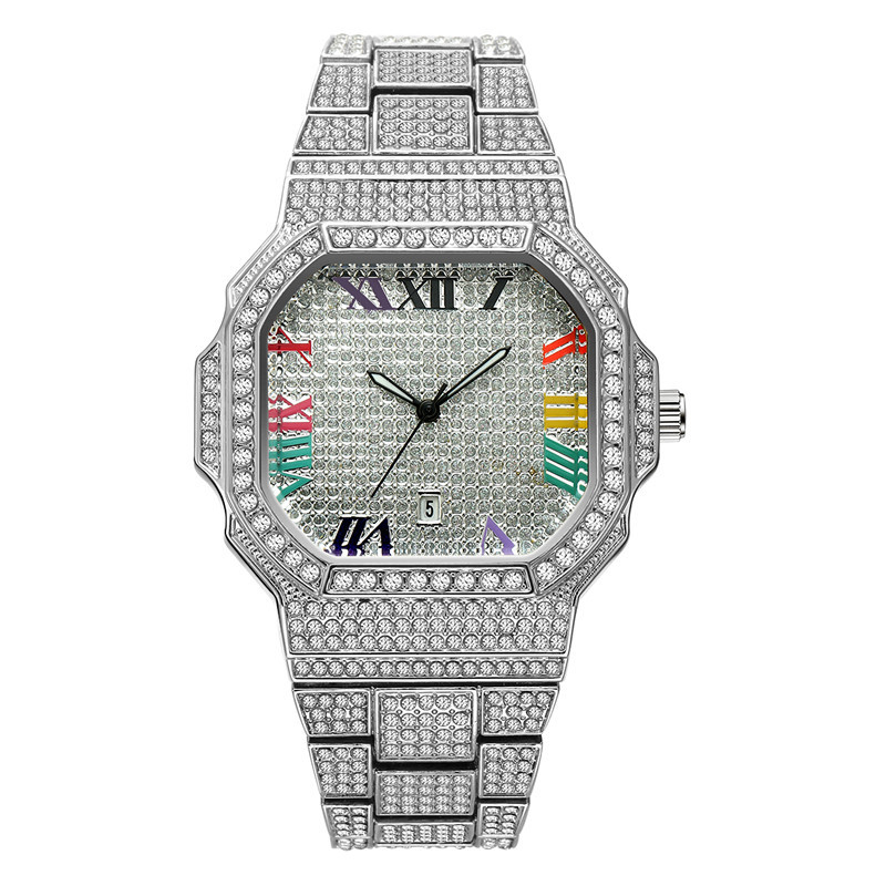 Men's Luxury Hip Hop Diamond Quartz Watch With Gold/Silver/Rose Gold Tone, Date Display, And Stylish Design For Casual & Formal Wear_voghion.com
