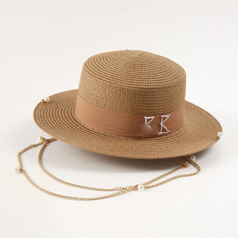 Damen Strohhut Mit Perlenbesatz Und Breiter Krempe Für Den Sommer_voghion.com