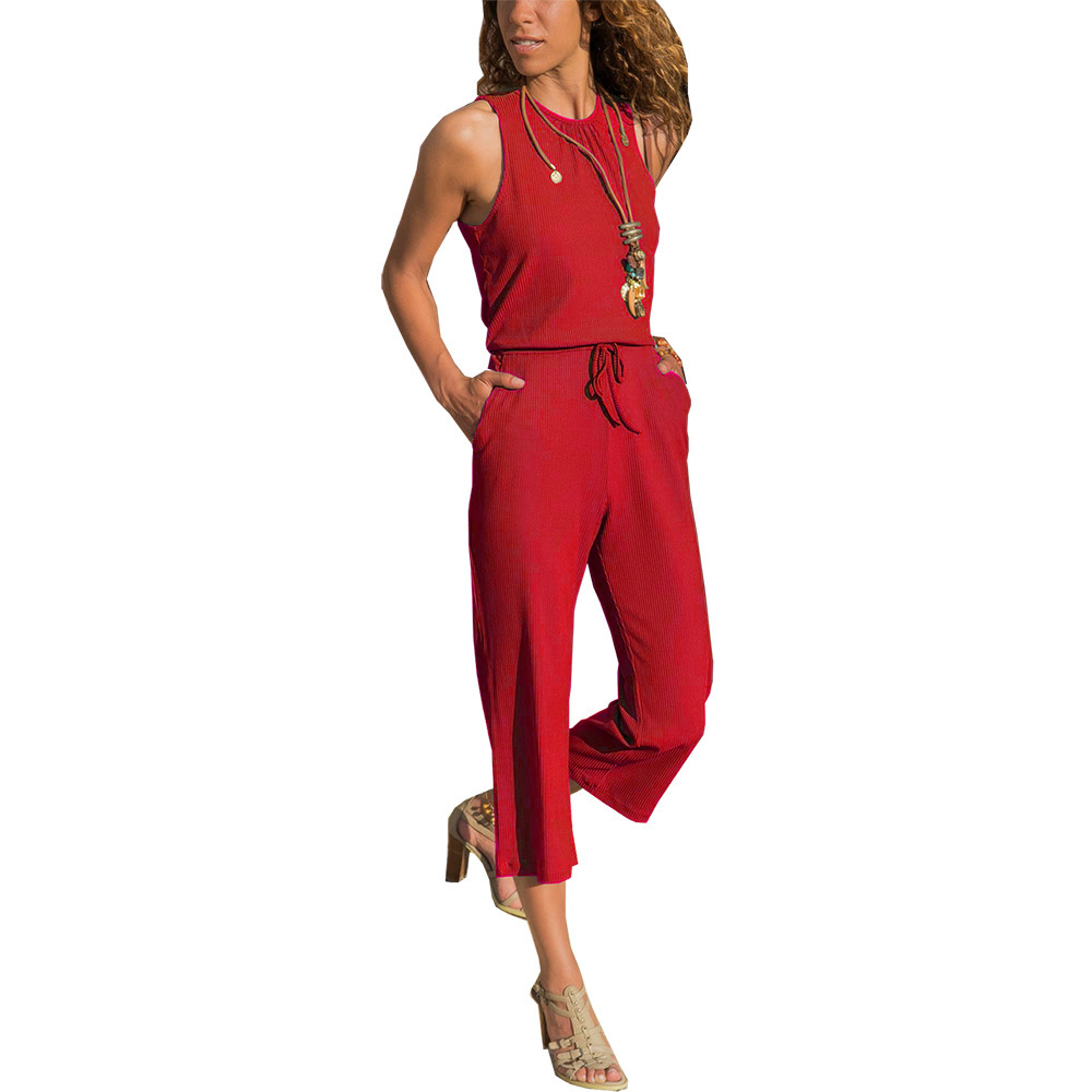 Damen Rundhals ärmellose Pit Stripe Neun-Punkt-Overall Coole Hose_voghion.com