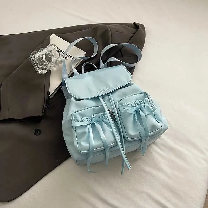 Bogen Design Frauen Kleine Nylon Rucksäcke 2024 Frühling Y2K Koreanische Mode Einfarbig Rucksack Dame Reise_voghion.com