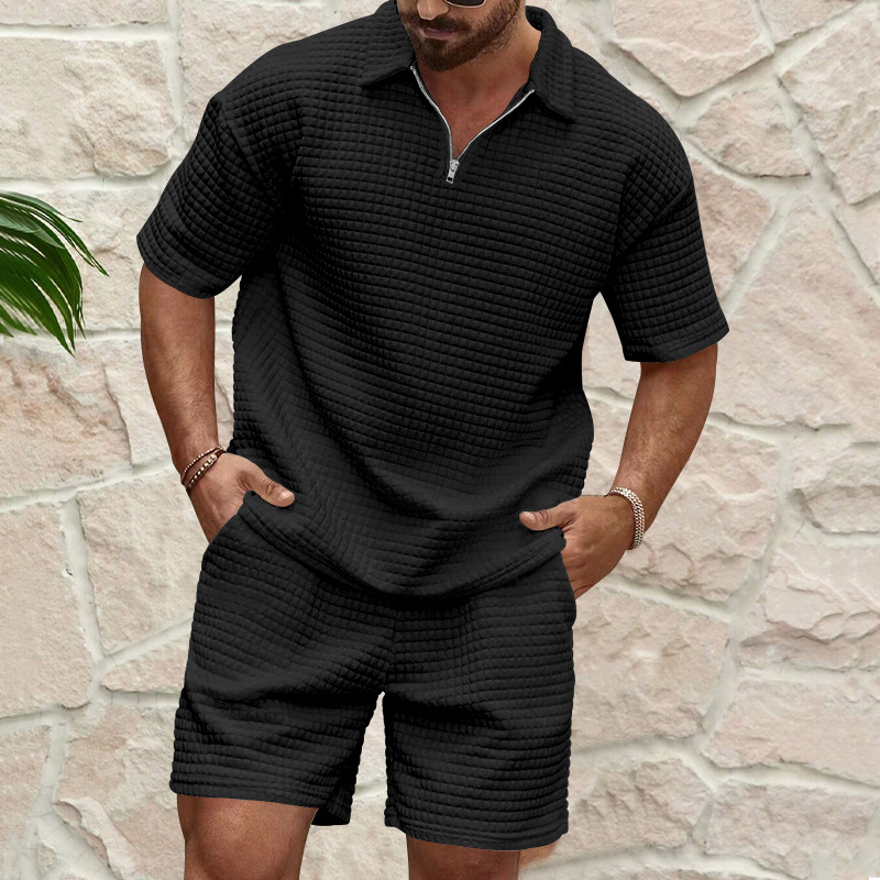 Men's Clothing 2024 Summer New Men's Casual Trend Fashion Comfortable Waffle Solid Color Lapel Shirt Sports Suit