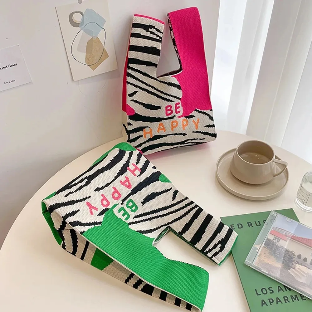 Handmade Knit Handbag Women Mini Knot Wrist-bag Female Casual Color Wide Stripe Plaid Tote Student Reusable Shopping Bag_voghion.com