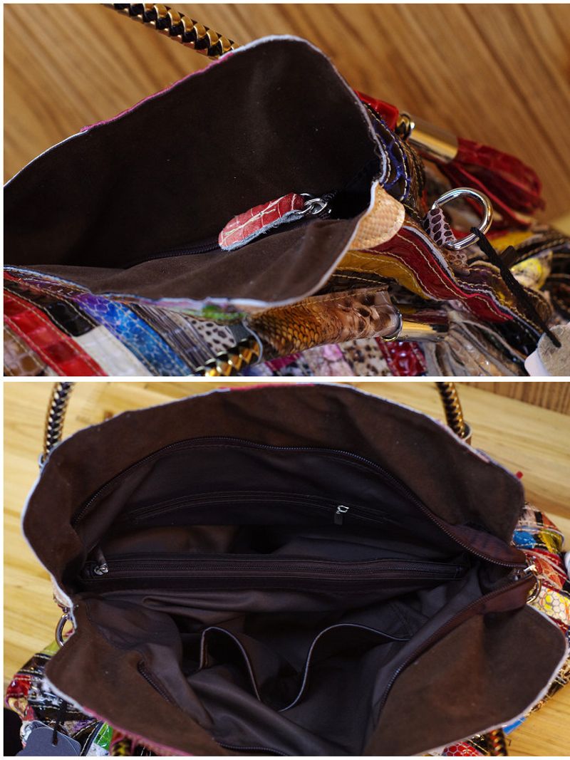 Echtes Leder Rindsleder Tasche, Schlange gemustert bunt gestreift Patchwork einzelne Schulter diagonal Cross Bag,_voghion.com