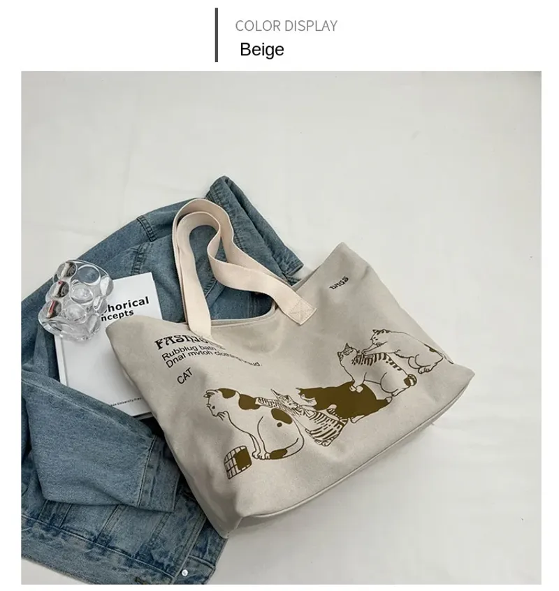 Große Tragetasche für Damen zum Einkaufen, Aufbewahren, Pendeln, Canvas-Handtasche, Cartoon-Katzen-Aufdruck, tragbare_voghion.com
