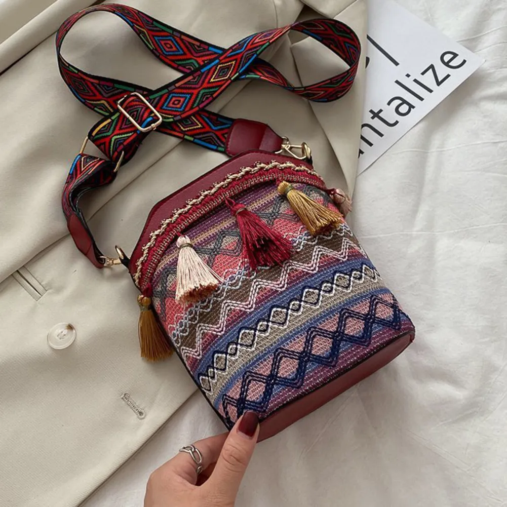 Borsa a tracolla vintage nazionale da donna, con nappa, etnica, intrecciata a mano, hippie, piccola borsa a tracolla_voghion.com