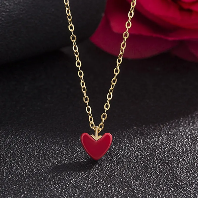Chaînes en argent sterling avec pendentif en forme de cœur rouge et simple, chaîne plaquée or pour femme, colliers fins et légers_voghion.com