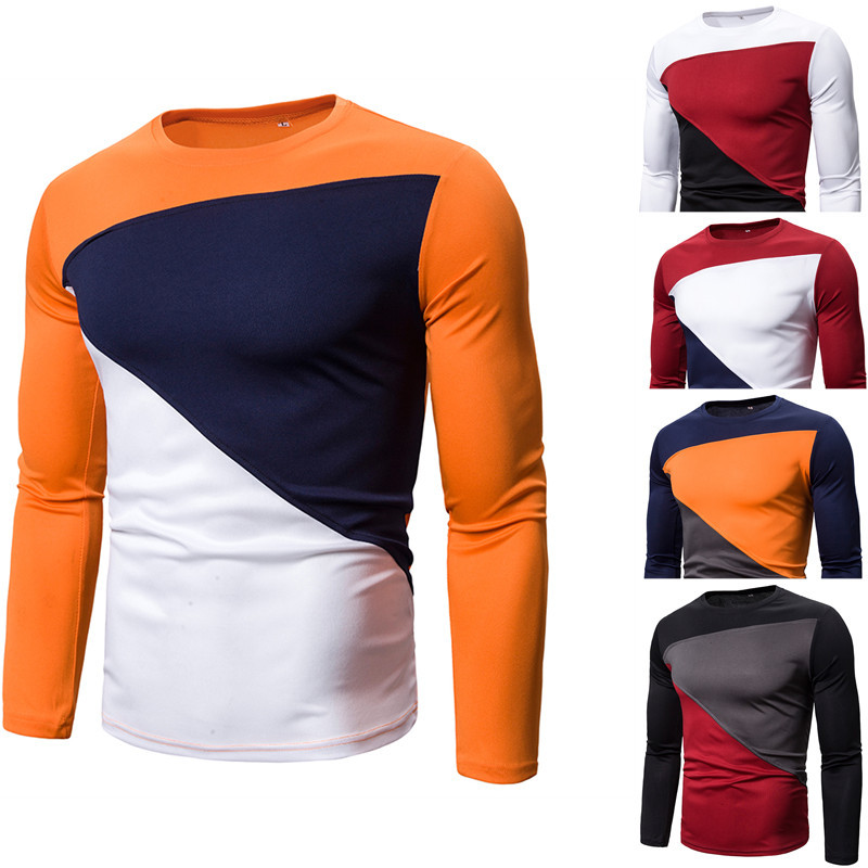 2024 Autumn New Long Sleeved Patchwork Round Neck Men's T-shirt European Size Slim Fit Casual Top_viptrois.com