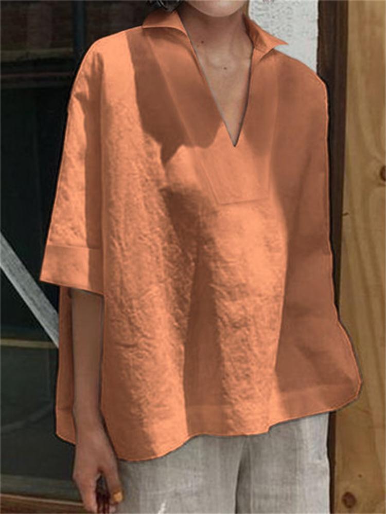 Women's V-neck cotton and linen all-match solid color large size loose mid-sleeve women's shirt_voghion.com