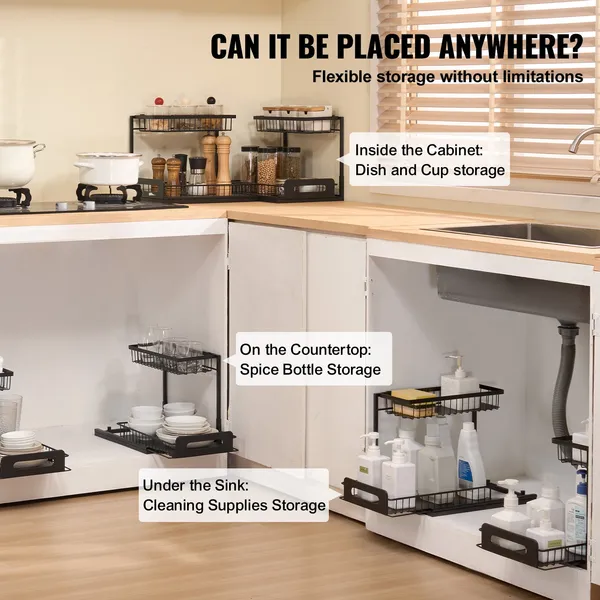 2-Tier Wire Pull Out Cabinet Under Sink Organizer 10.7'x14.2' Drawer Basket 2PCS_voghion.com