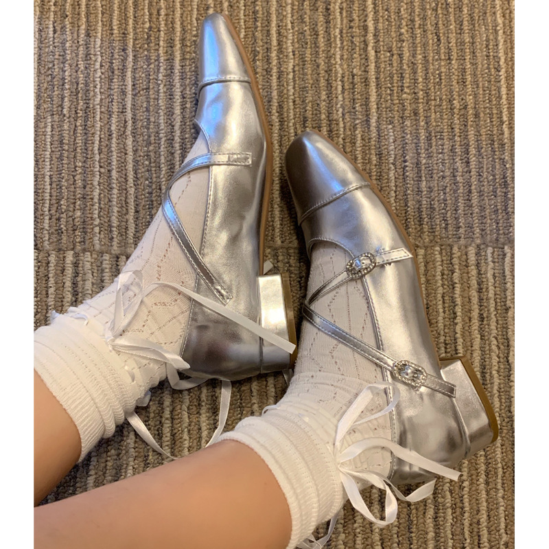 Silver Ballet Flats Women Square Toe Mary Jane Shoes Evening_voghion.com