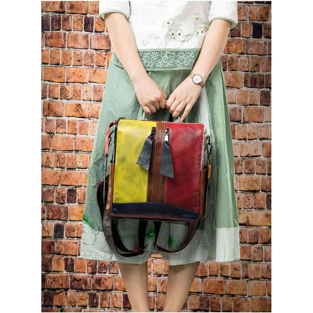 Echter Rucksack aus Kuhleder, zufällige Farbe, Patchwork-Stil, Unisex, nützlicher Rucksack, Damen, Mini-Mochila, Shopper-Tasche 2021_voghion.com