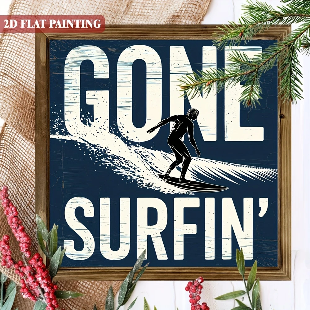 Indicator rustic din lemn „Gone Surfin” - decor de plajă de coastă, 20x20 cm. Perfect pentru verandă, piscină sau cadou de vară._voghion.com