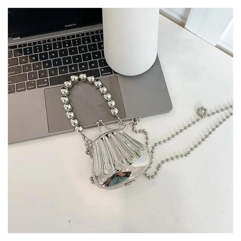 Borsa a mano con catena lunga in oro e argento con fiocco, da sera, da donna, con manico superiore in conchiglia, borse e borsette da festa per matrimonio 241212_voghion.com