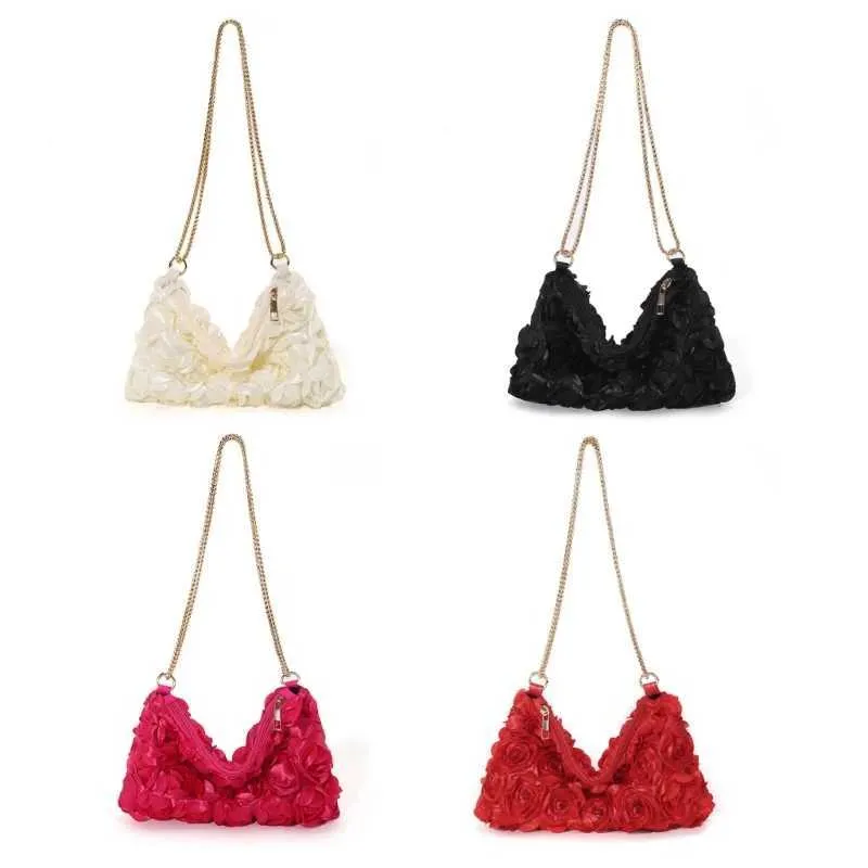E74B 3D Rose ral Pochette de soirée pour femme en satin pailleté Sac à main bandoulière Sac à main avec chaîne pour fêtes de mariage_voghion.com
