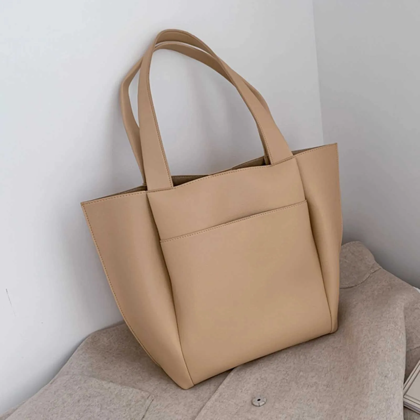Women's Large Leather Shoulder Tote Handbag With Top Handle Black_voghion.com