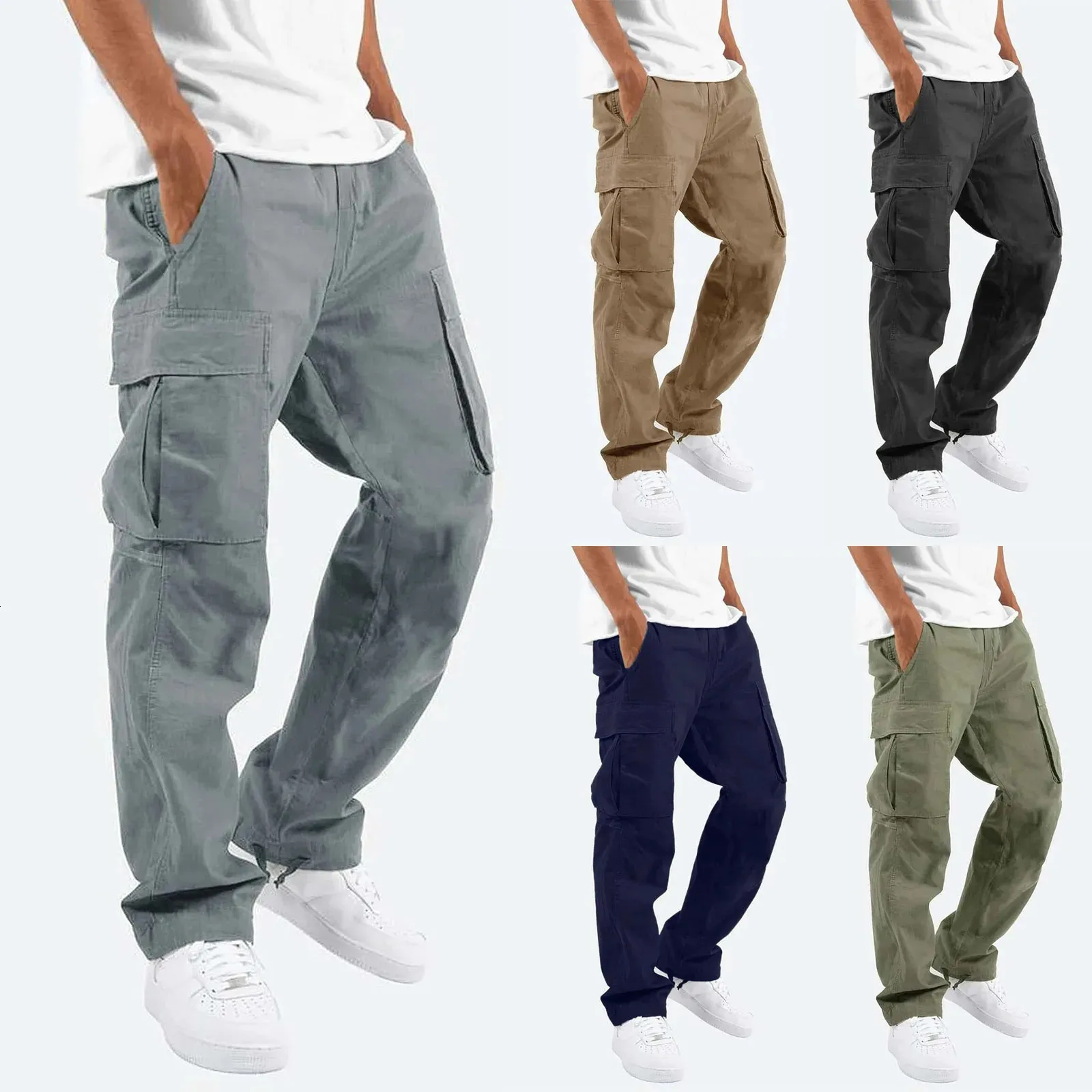 Pantalon cargo décontracté pour homme, coupe slim, couleur unie, poches, coupe droite, bas long, ample_voghion.com