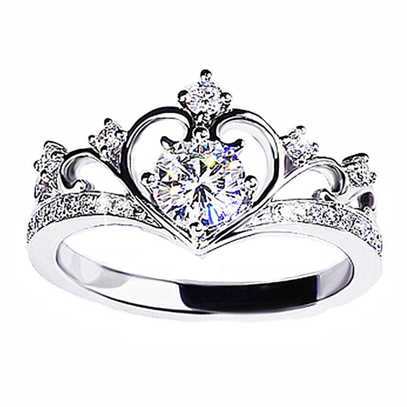 Herz für Frauen Platiniert 1 Karat Prinzessin Krone Süßes Set Diamant Ring_voghion.com