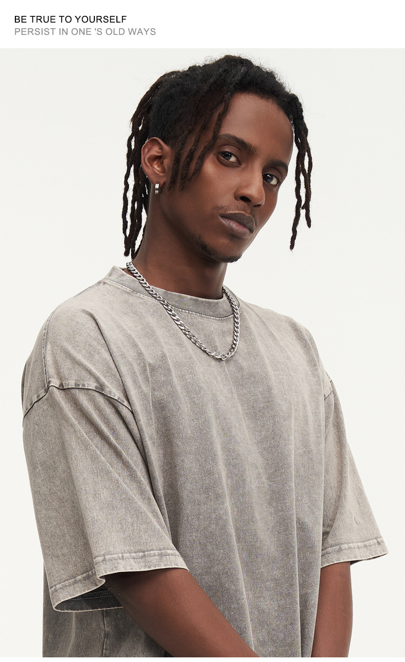 T-shirt da uomo 2024 a maniche corte nuova con scollo tondo top alla moda Instagram invecchiato tinto in cera oversize sciolto_voghion.com