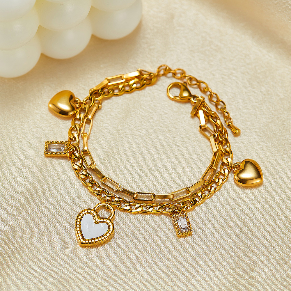 Double Layers Loving Heart Mother Shell Twin Chain Stainless Steel Bracelet_voghion.com