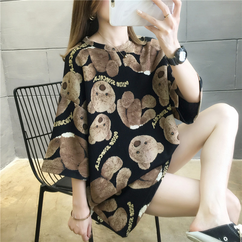 Loses T-Shirt mit Cartoon-Bär für Damen, kurzärmelig, für Studenten, große Größe, mittelgroß und lang_voghion.com