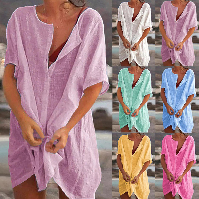 Vêtements pour femmes, chemise mi-longue ample, couleur unie, manches courtes, femme
