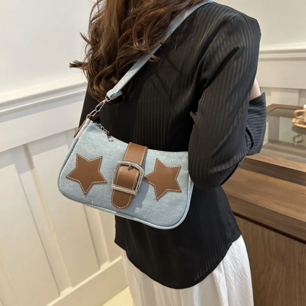 Borsa a tracolla minimalista con cerniera a forma di stella in PU Haruku Y2k, stile coreano, in denim, per ragazze_voghion.com