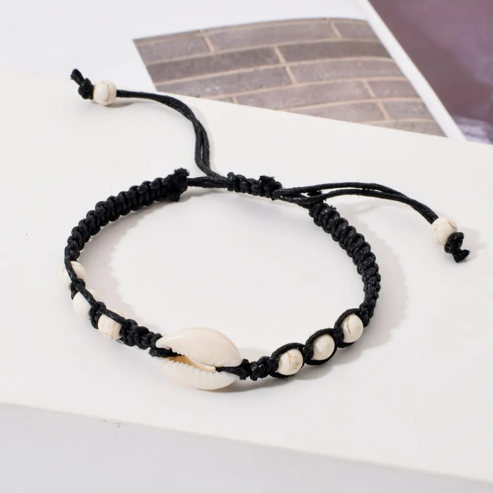 Kette Summer Séistär Muschel Gewieft Unisex Verstellbar Wachsseel Türkis Perlen Fousskett Bracelet Fraen Männer Boho Strand_voghion.com