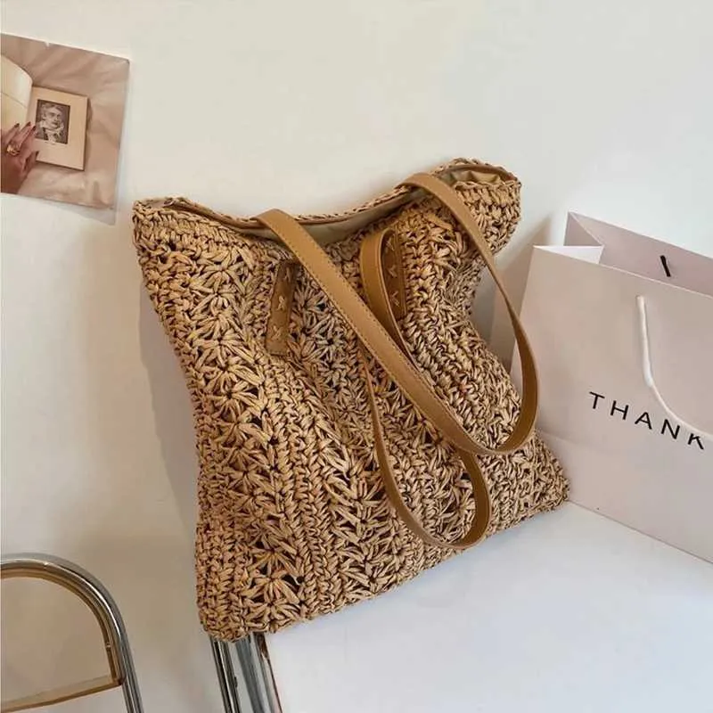 Fashion turf large capacity shoulder shopping bag womens vacation beach wallet Bohemian ragtan knitted handbag Y241011_voghion.com