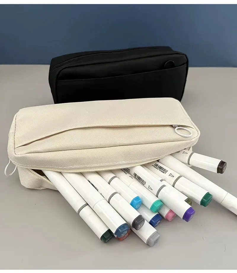 Trousse à crayons noire mignonne et mignonne, trousse à crayons pour étudiants, grande trousse de fournitures scolaires, trousse à crayons_voghion.com