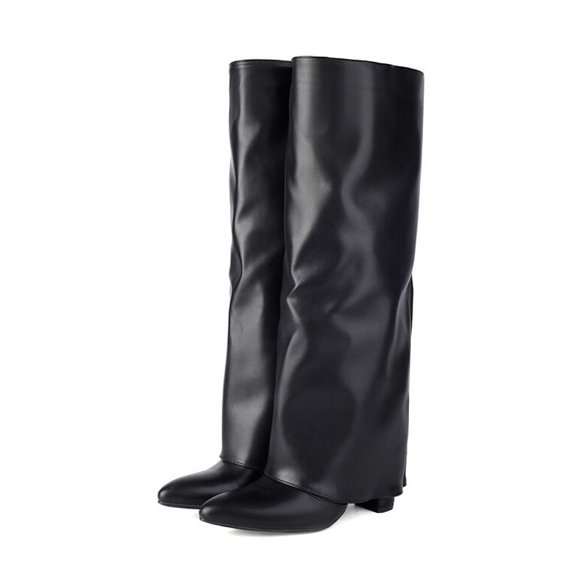 Mote kvinners bukser spisse hæler pluss størrelse slip-on high leg motestøvler_voghion.com