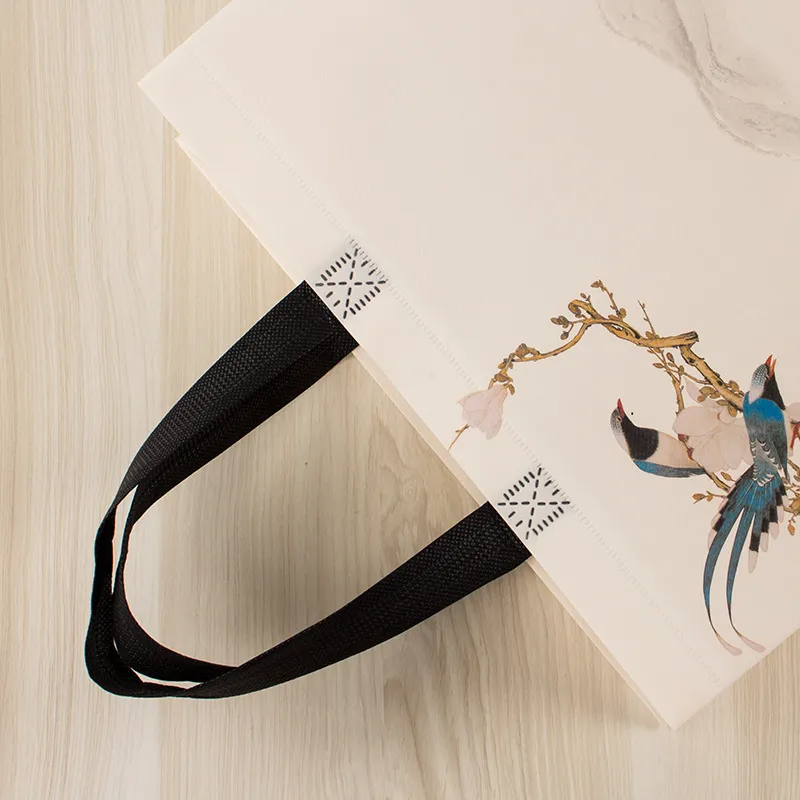 Non-woven Shopping Eco Large Capacity Portable Storage Pouch Flower Bird Print Handbag Reusable Foldable Shoulder Bag_voghion.com