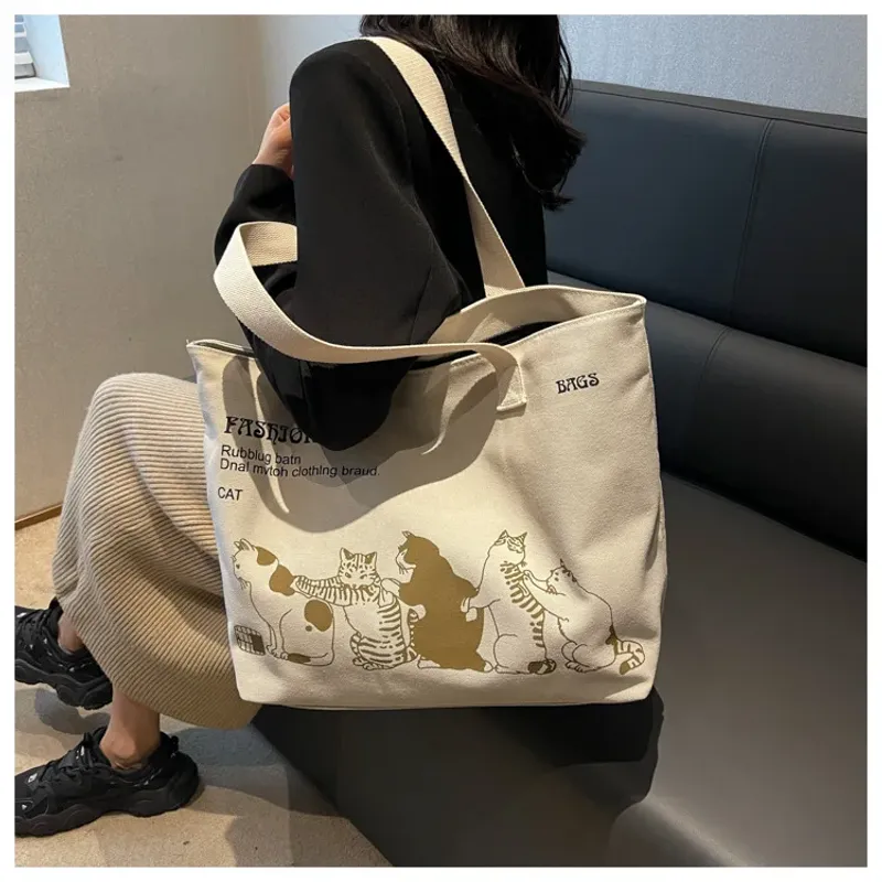 Große Tragetasche für Damen zum Einkaufen, Aufbewahren, Pendeln, Canvas-Handtasche, Cartoon-Katzen-Aufdruck, tragbare_voghion.com