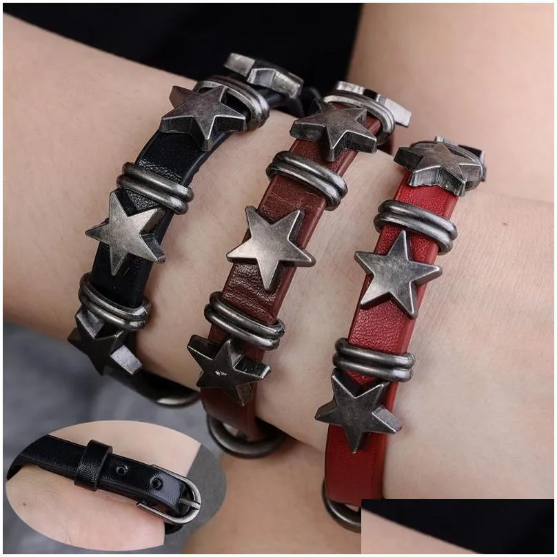 Vintage Star Leather Bracelet For Men Punk Rock Gothic Cuff Bangle_voghion.com