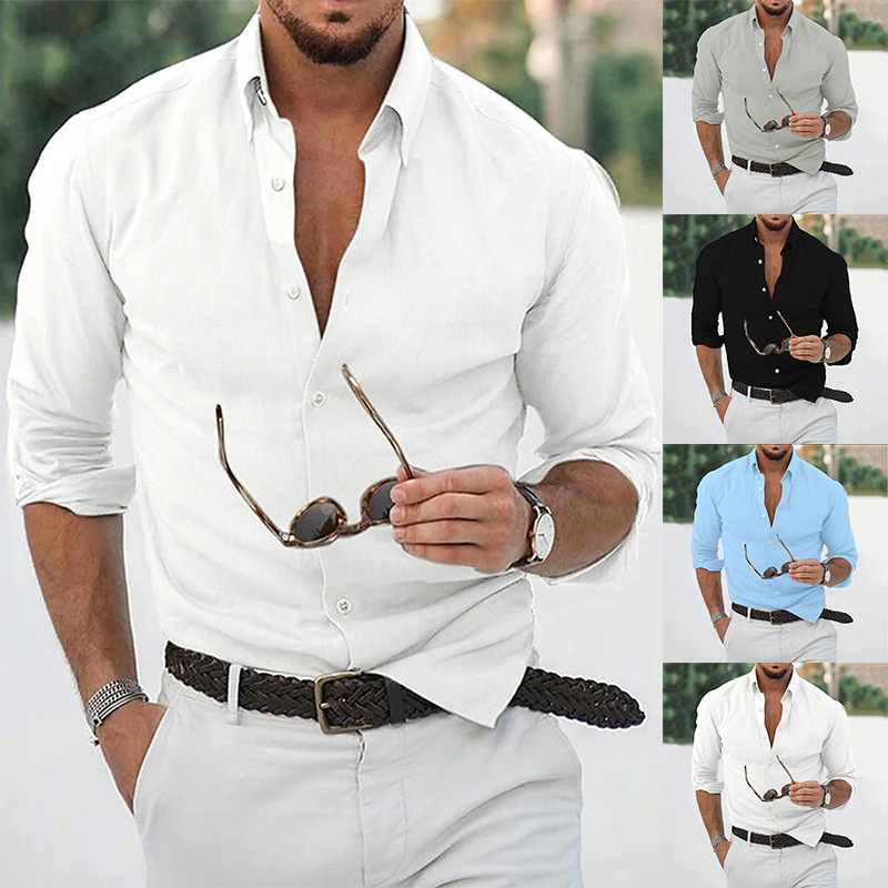Herren Einfarbiges Herbst-Umlegekragen-Langarmhemd aus Baumwolle und Leinen für Jugendliche mit Slim Fit_voghion.com