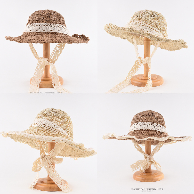 Sommerstrand-Spitzenstrohhut für Damen, frischer Sonnenschutzhut, Sonnenschirm, faltbarer Sonnenhut für Tourismus und Urlaub_voghion.com