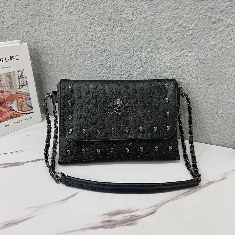 Vintage Niet Schwarz Crossbody Frauen PU Leder Messenger Coole Schädel Schulter Tasche Designer Flap Handtasche Bolso_voghion.com