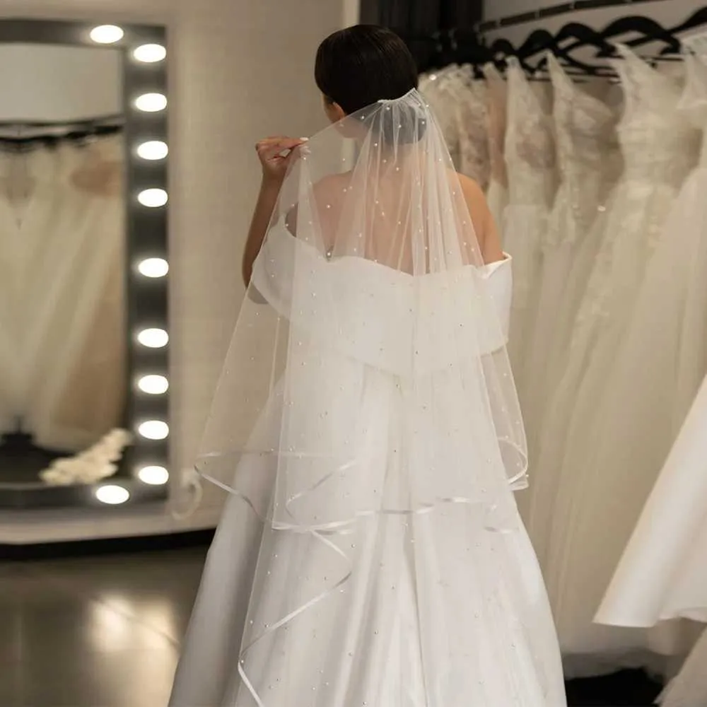 Gioielli per capelli, perle, perline, veli da sposa a 2 strati, lunghi, con bordo a nastro e pettine, stile a goccia, abiti da sposa_voghion.com