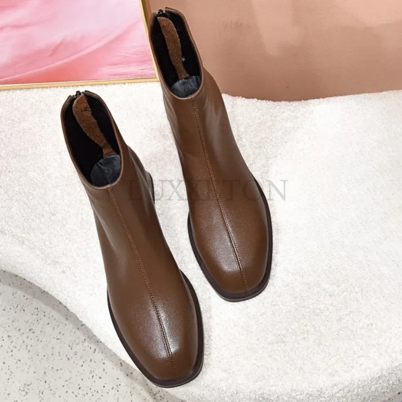 Splicing Genuine Leather Women Ankle Boots Thick High Heels Rear Zipper Decoration Basic Office Lady Shoes Woman Autumn_voghion.com