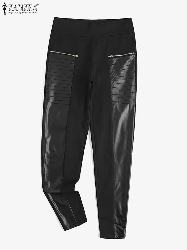 PLUS SIZE Dammen Skinny Leggings ZANZEA Moud PU Lieder 2023 Fréijoer Hierscht Patchwork Elastesch Hosen Casual Solid Reißverschluss_voghion.com