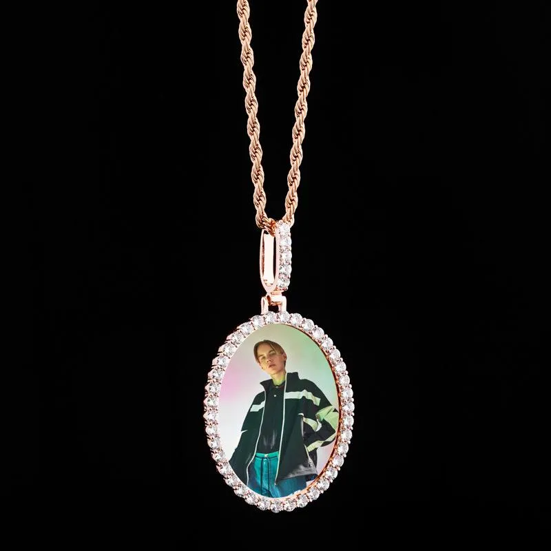 Rožu zelta pārklājuma apledojuma kubiskā cirkonija ovāla pasūtījuma foto piemiņas kaklarota personalizēta Bling dimanta DIY atmiņa_voghion.com